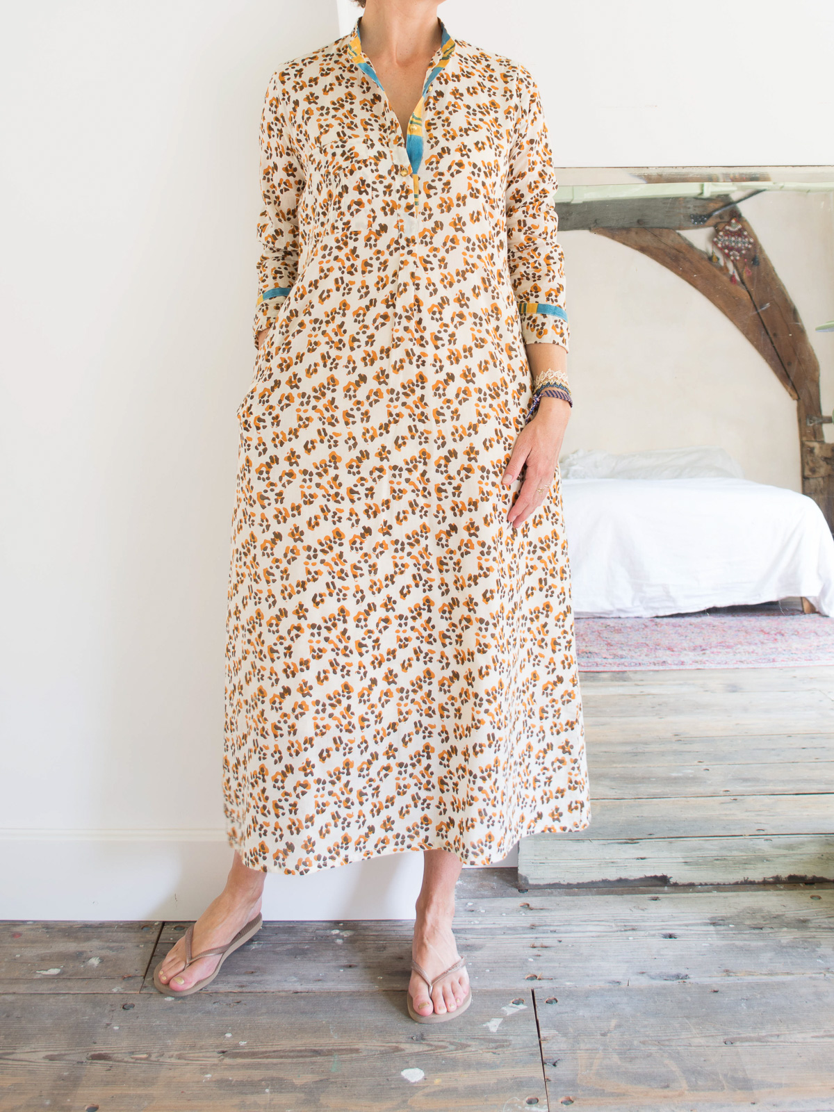 Long kurta - cream with brown and ocher 'panther' pattern